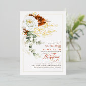 テラコッタバーンオレンジ&ホワイトフローラ結婚ズ 箔招待状 (立ち正面)