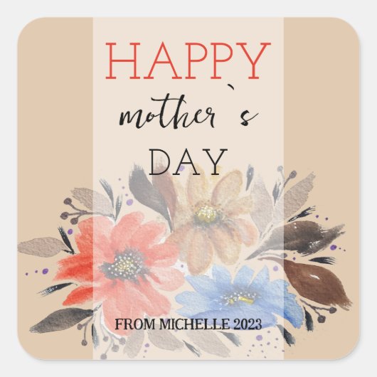 テラコッタパステルエレガントウォーターカラーフローラ スクエアシール (正面)
