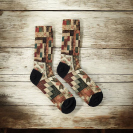 テラコッタパッチワークキルトパターンレトロフローラ ソックス