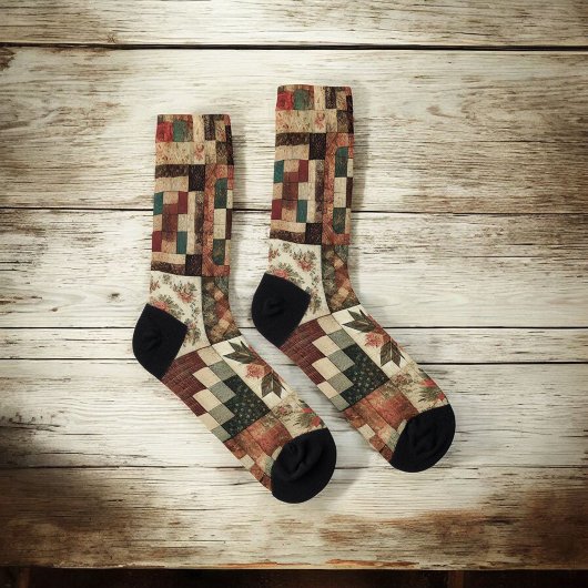 テラコッタパッチワークキルトパターンレトロフローラ ソックス
