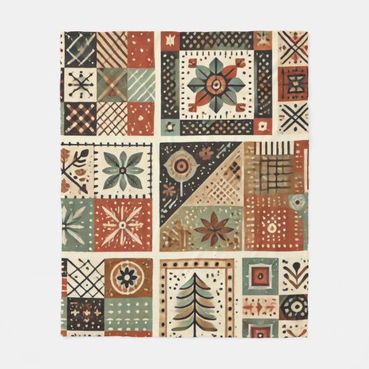 テラコッタパッチワークキルト素朴レトロヴィンテージ フリースブランケット (正面)