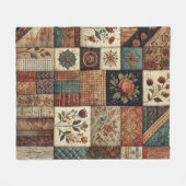 テラコッタパッチワークキルト素朴レトロヴィンテージ フリースブランケット (正面(横))