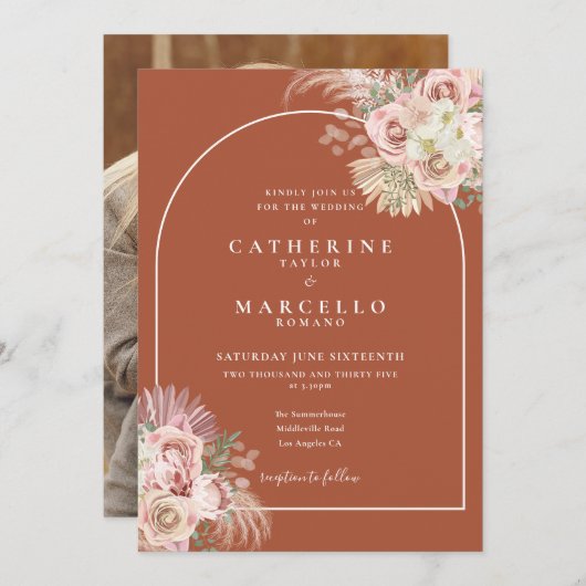 テラコッタパンパスグラスアーチフローラ結婚写真 招待状 (正面/裏面)