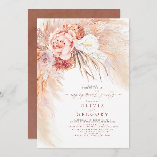 テラコッタパンパスグラスフローラ婚約パーティ 招待状 (正面/裏面)