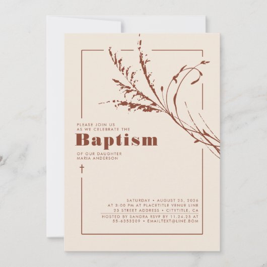 テラコッタパンパスグラスモダンミニマリスト洗礼 招待状 (正面)