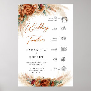 テラコッタパンパスブルゴーニュ結婚ーフラワーのタイムライン ポスター
