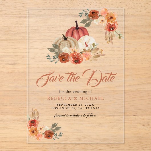 テラコッタパンプキンウェディング日付を保存 アクリル招待状 (正面)