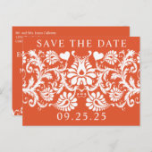 テラコッタビクトリアンフローラダマスク日付を保存 案内ポストカード (正面/裏面)