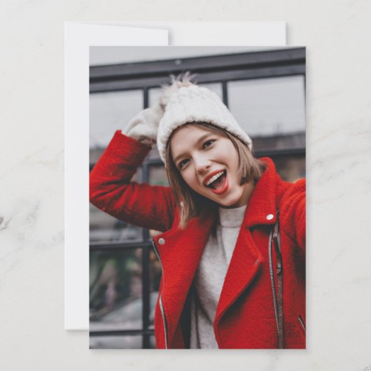 テラコッタピンクのシェイプ卒業パーティーの写真 招待状 (裏面)