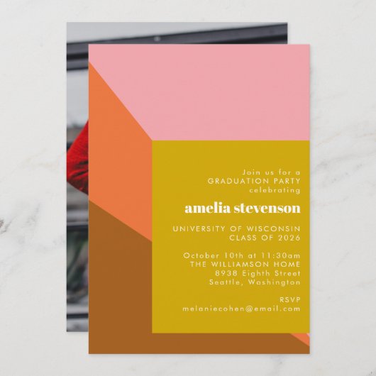 テラコッタピンクのシェイプ卒業パーティーの写真 招待状 (正面/裏面)