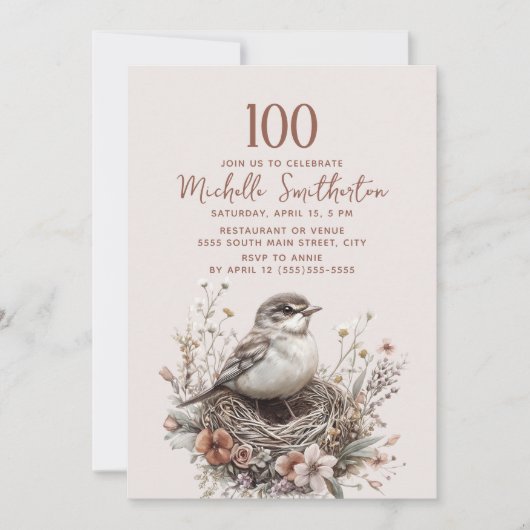 テラコッタピンクの鳥の巣 100歳の誕生日 招待状 (正面)
