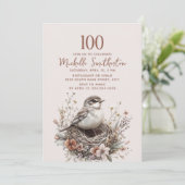 テラコッタピンクの鳥の巣 100歳の誕生日 招待状 (スタンド正面)