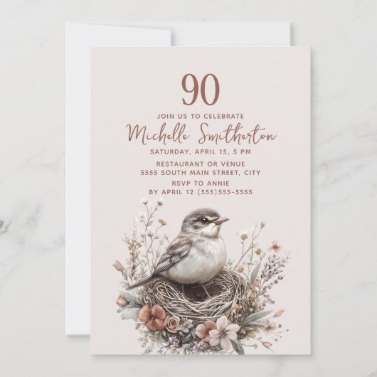 テラコッタピンクの鳥の巣 90歳の誕生日 招待状 (正面)