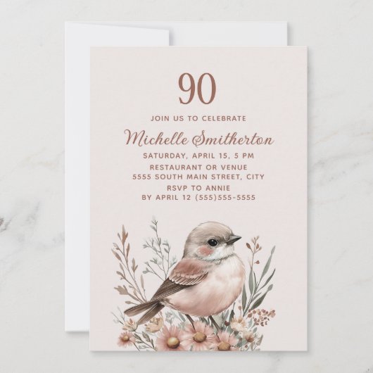 テラコッタピンクの鳥 90歳の誕生日 招待状 (正面)