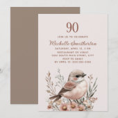 テラコッタピンクの鳥 90歳の誕生日 招待状 (正面/裏面)