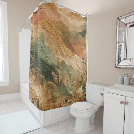 テラコッタピーチプレス花ボヘミアン シャワーカーテン (インサイチュ)