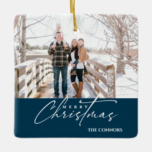 テラコッタフォトメリークリスマススクリプトファミリー セラミックオーナメント (正面)