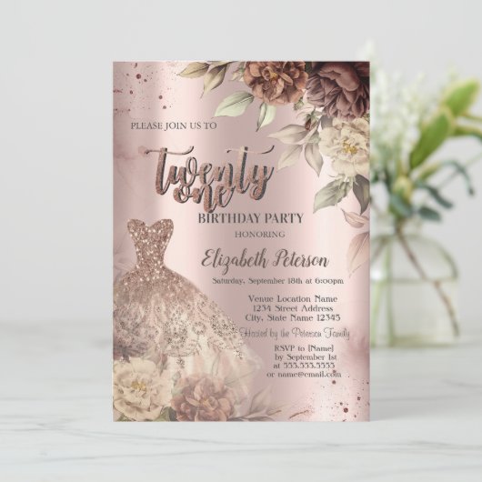 テラコッタフラワーズドレスワイングラス21st誕生日 招待状 (スタンド正面)