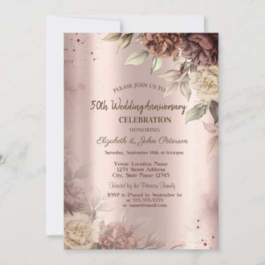 テラコッタフラワー ローズゴールド 結婚記念日 招待状 (正面)