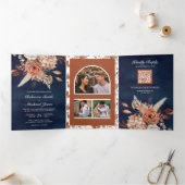 テラコッタフローラすべて一つのQRコードネイビー結婚ズ 三つ折り招待状 (内部)