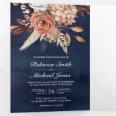 テラコッタフローラすべて一つのQRコードネイビー結婚ズ 三つ折り招待状 (内部最初)