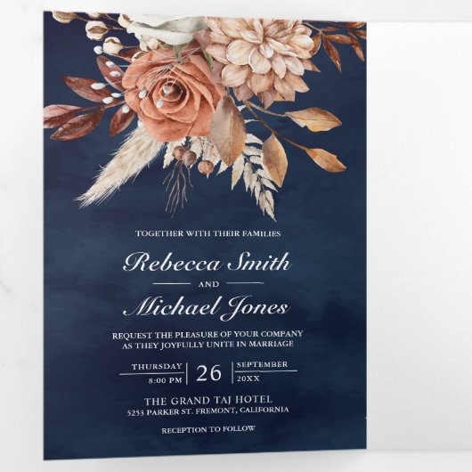 テラコッタフローラすべて一つのQRコードネイビー結婚ズ 三つ折り招待状 (内部最初)