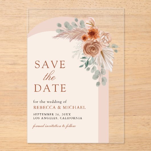 テラコッタフローラアーチウェディング日付を保存 アクリル招待状 (正面)