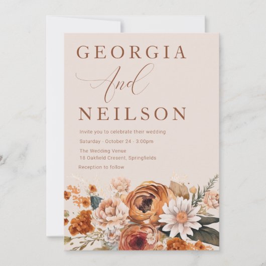 テラコッタフローラオレンジブラウンオータム秋の結婚式 招待状 (正面)