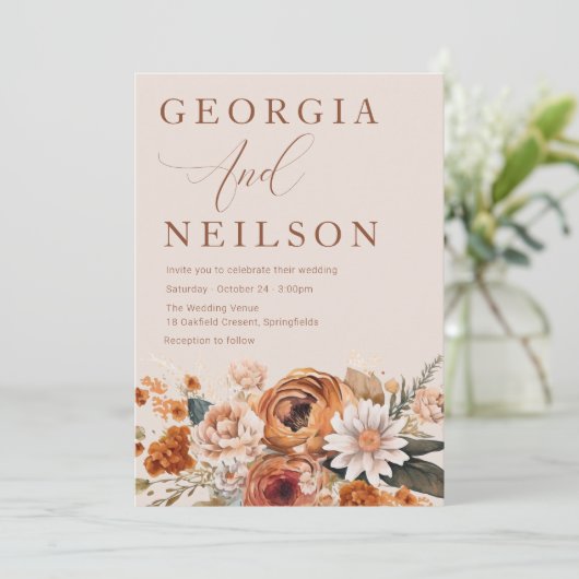 テラコッタフローラオレンジブラウンオータム秋の結婚式 招待状 (スタンド正面)