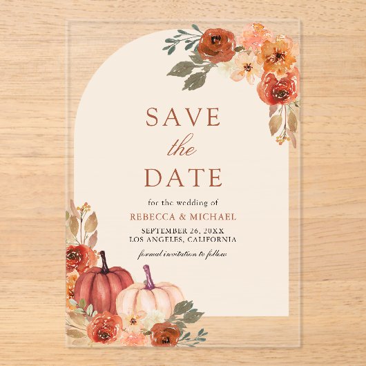 テラコッタフローラカボチャ結婚式の日付を保存 アクリル招待状 (正面)