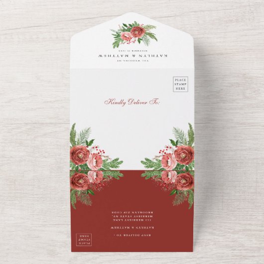 テラコッタフローラクリスマスの葉の冬の結婚式 オールインワン招待状 (外側)