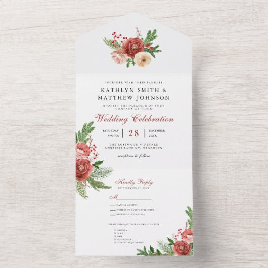 テラコッタフローラクリスマスの葉の冬の結婚式 オールインワン招待状 (内側)