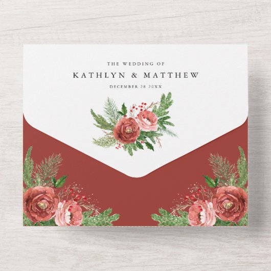 テラコッタフローラクリスマスの葉の冬の結婚式 オールインワン招待状 (裏面)