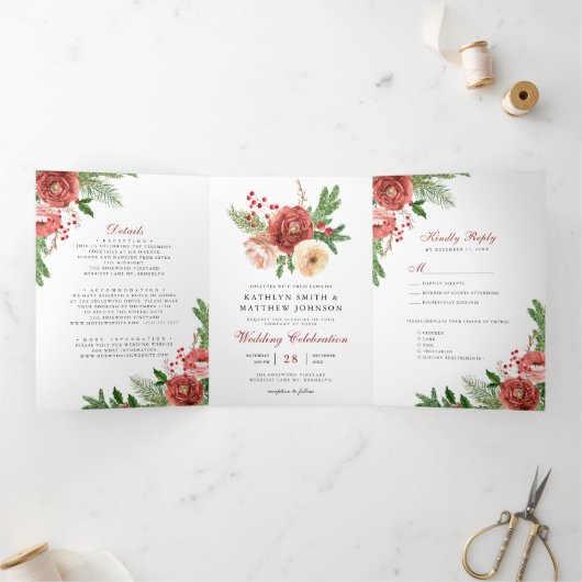 テラコッタフローラクリスマスの葉の冬の結婚式 三つ折り招待状 (内部)