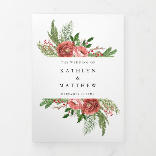 テラコッタフローラクリスマスの葉の冬の結婚式 三つ折り招待状 (カバー)