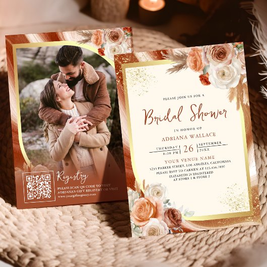 テラコッタフローラクリーム金ゴールドQRコードブライダルシャワー 招待状