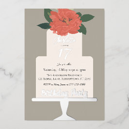 テラコッタフローラケーキバースデーパーティーシルバー 箔招待状