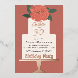 テラコッタフローラケーキバースデーパーティーシルバー 箔招待状