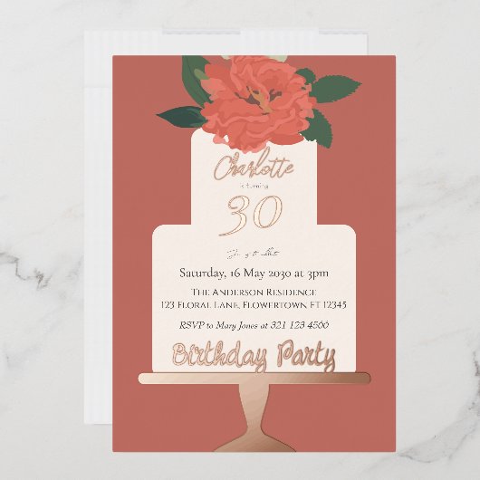 テラコッタフローラケーキバースデーパーティーシルバー 箔招待状 (封筒)