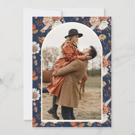 テラコッタフローラフォトネイビーブルーブライダルシャワー 招待状 (裏面)