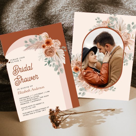 テラコッタフローラボホパンパスフォトブライダルシャワー 招待状