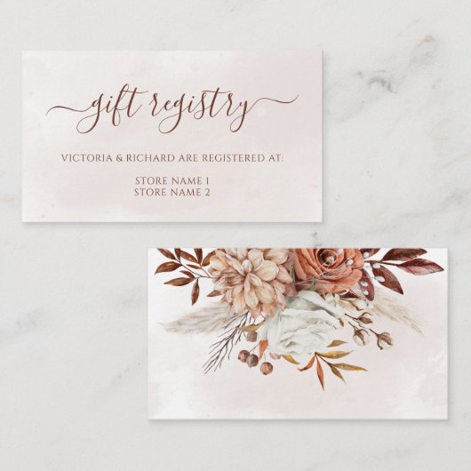 テラコッタフローラボホ秋の結婚式ギフトレジストリ エンクロージャーカード (正面/裏面)