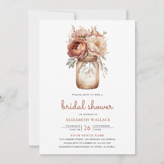 テラコッタフローラメイスンジャール写真ブライダルシャワー 招待状 (正面)