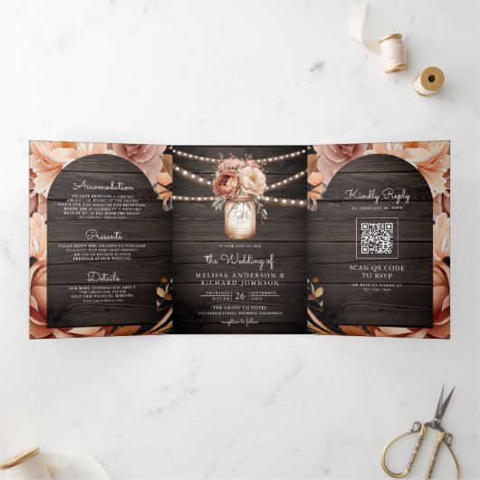 テラコッタフローラメイスンジャール木材QRコード結婚ズ 三つ折り招待状 (内部)