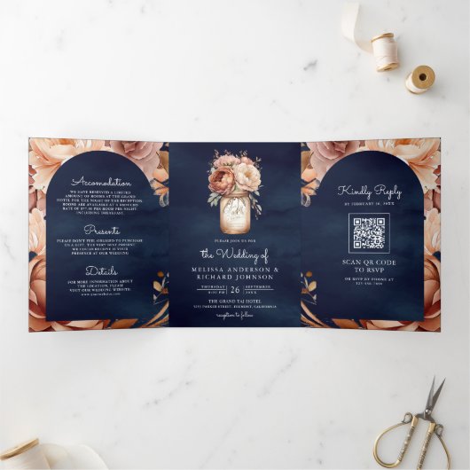 テラコッタフローラメイスンジャー海軍QRコード結婚ズ 三つ折り招待状 (内部)