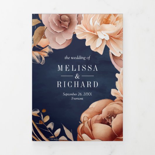 テラコッタフローラメイスンジャー海軍QRコード結婚ズ 三つ折り招待状 (カバー)