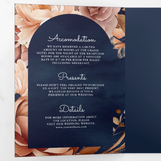 テラコッタフローラメイスンジャー海軍QRコード結婚ズ 三つ折り招待状 (内部最初)