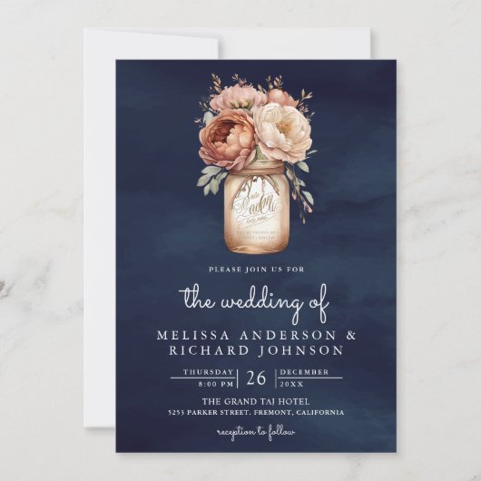 テラコッタフローラメイスンジャー海軍QRコード結婚ズ 招待状 (正面)