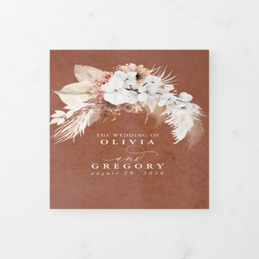 テラコッタフローラモダンエキゾチック結婚ボホズ 三つ折り招待状 (カバー)