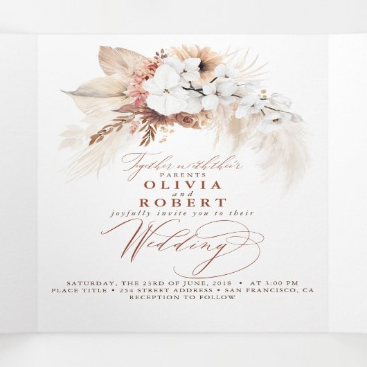 テラコッタフローラモダンエキゾチック結婚ボホズ 三つ折り招待状 (内部中)